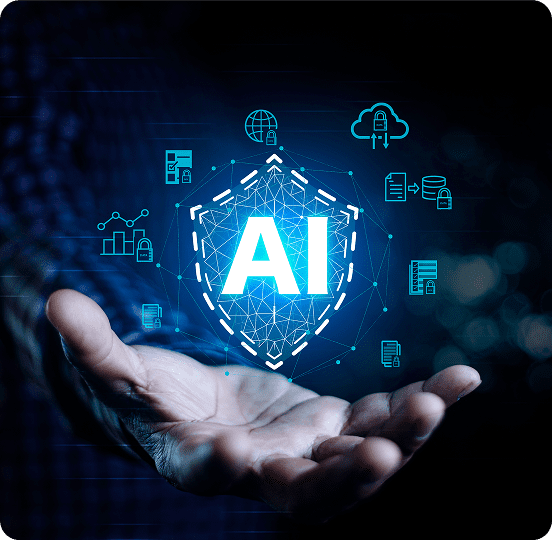 A hand supports a digital graphic featuring "AI" and technology icons, symbolizing artificial intelligence and networking.