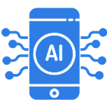 Blue icon of a smartphone with "AI" on the screen, surrounded by circuits indicating connectivity and technology.