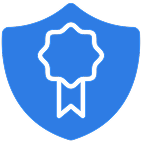 A blue shield icon featuring a ribbon or medal symbol in the center.