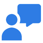 Icon of a person with a speech bubble, depicted in blue, representing communication or conversation.