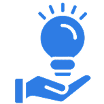 Blue icon of a hand holding a light bulb with rays emanating from it, symbolizing an idea or innovation.